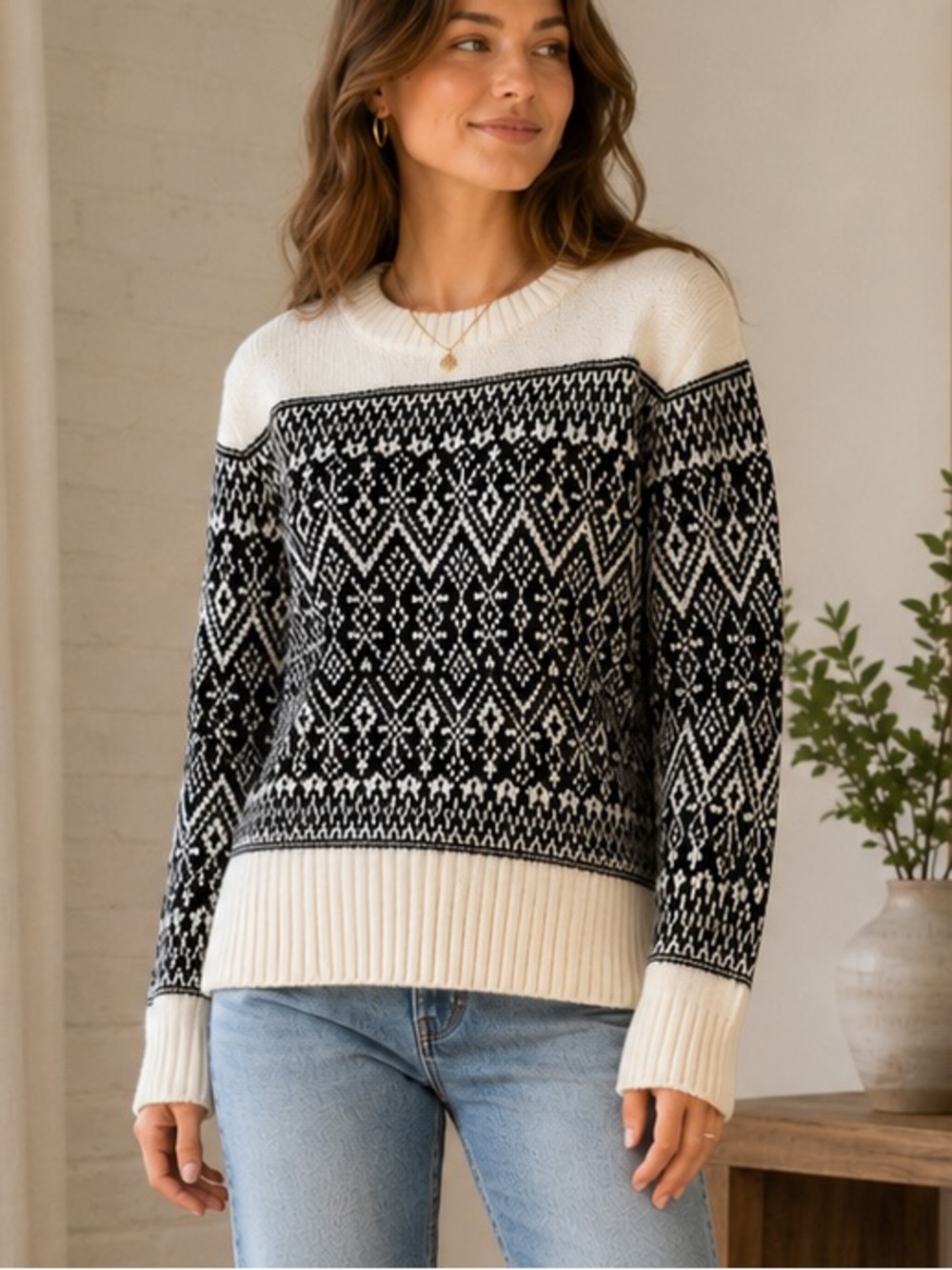 LOFT Fair Isle Nordic Geometric Cozy Soft Crewneck Sweater Black Ivory XL NEW